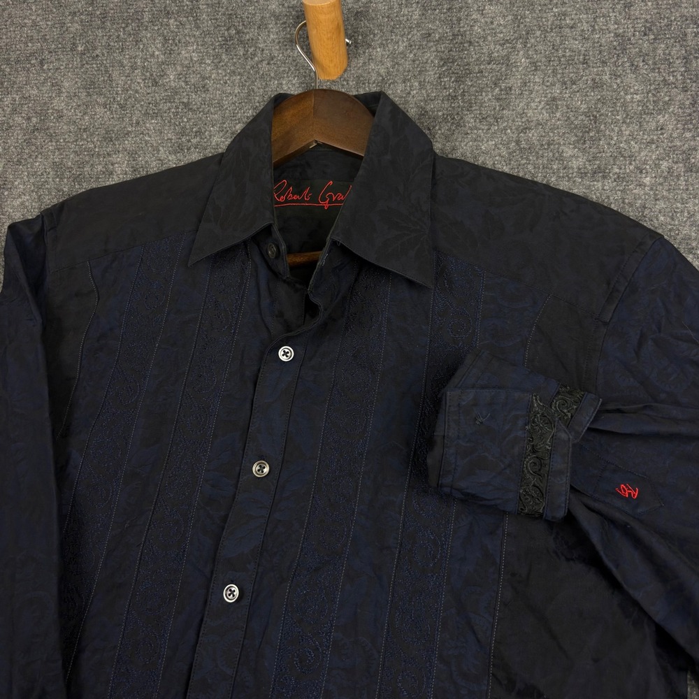 Robert Graham Mens Navy Black Paisley Jacquard Long Sleeve Button Down Shirt M